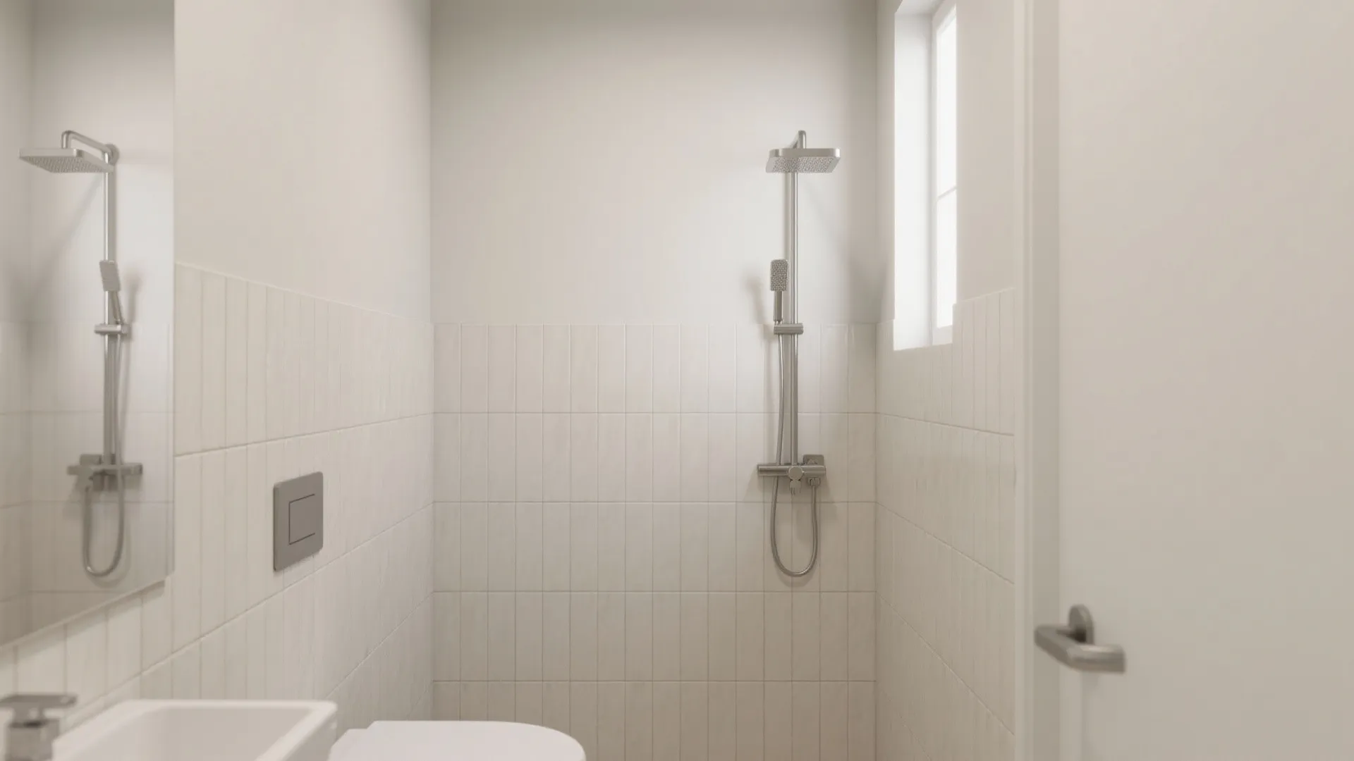 Modern white bathroom with vertical wall panel tiles a metal shower head and a toilet