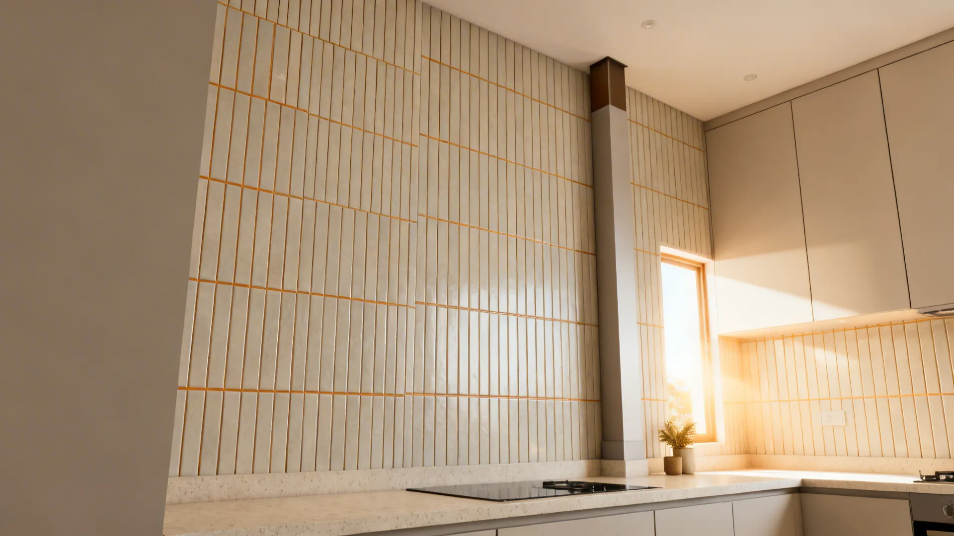 Vertically stacked 2x8 tiles with light grout reaching the ceiling in a Chennai kitchen