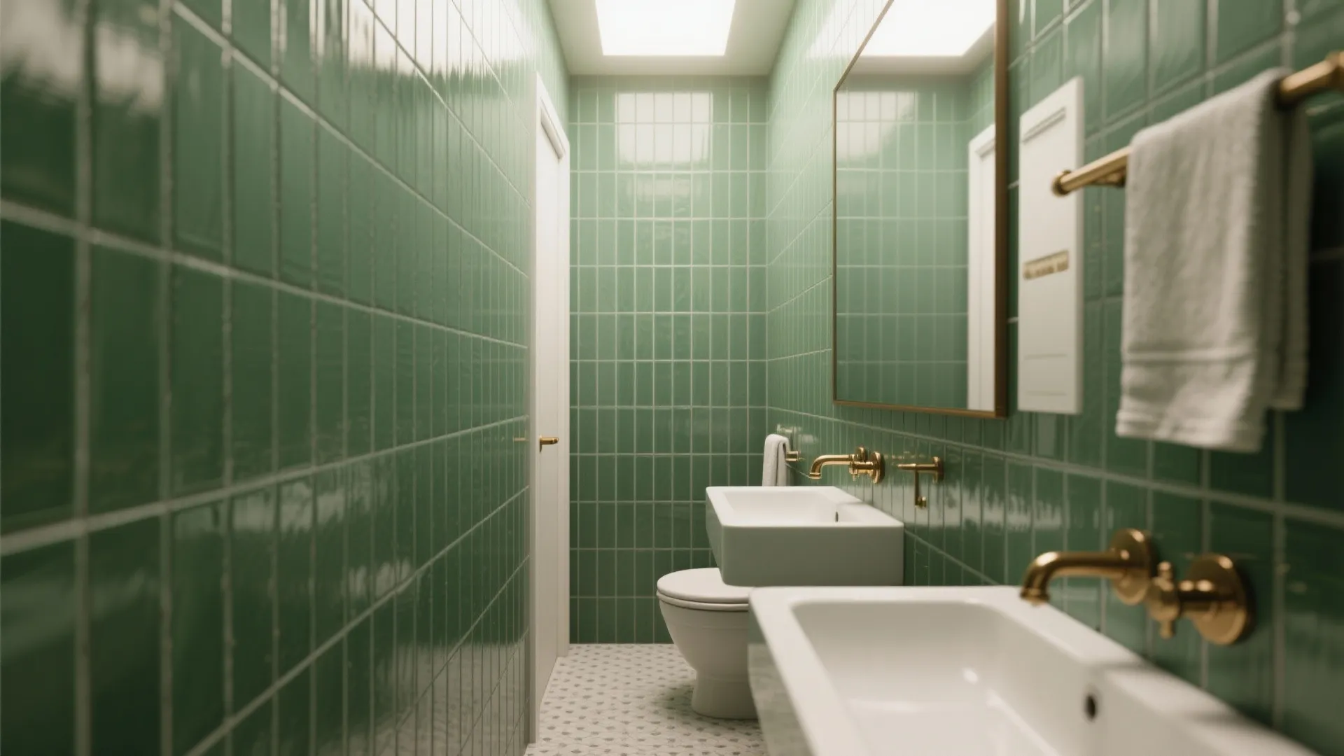 Narrow bathroom with vertically stacked green subway tiles and matte brass fixtures creating height illusion