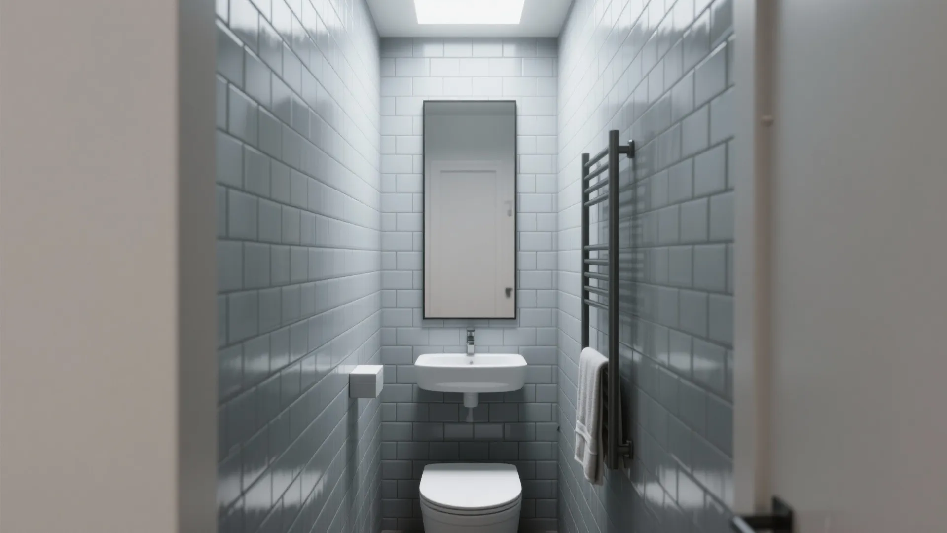 Small narrow bathroom with grey wall tiles white toilet small sink and tall vertical mirror