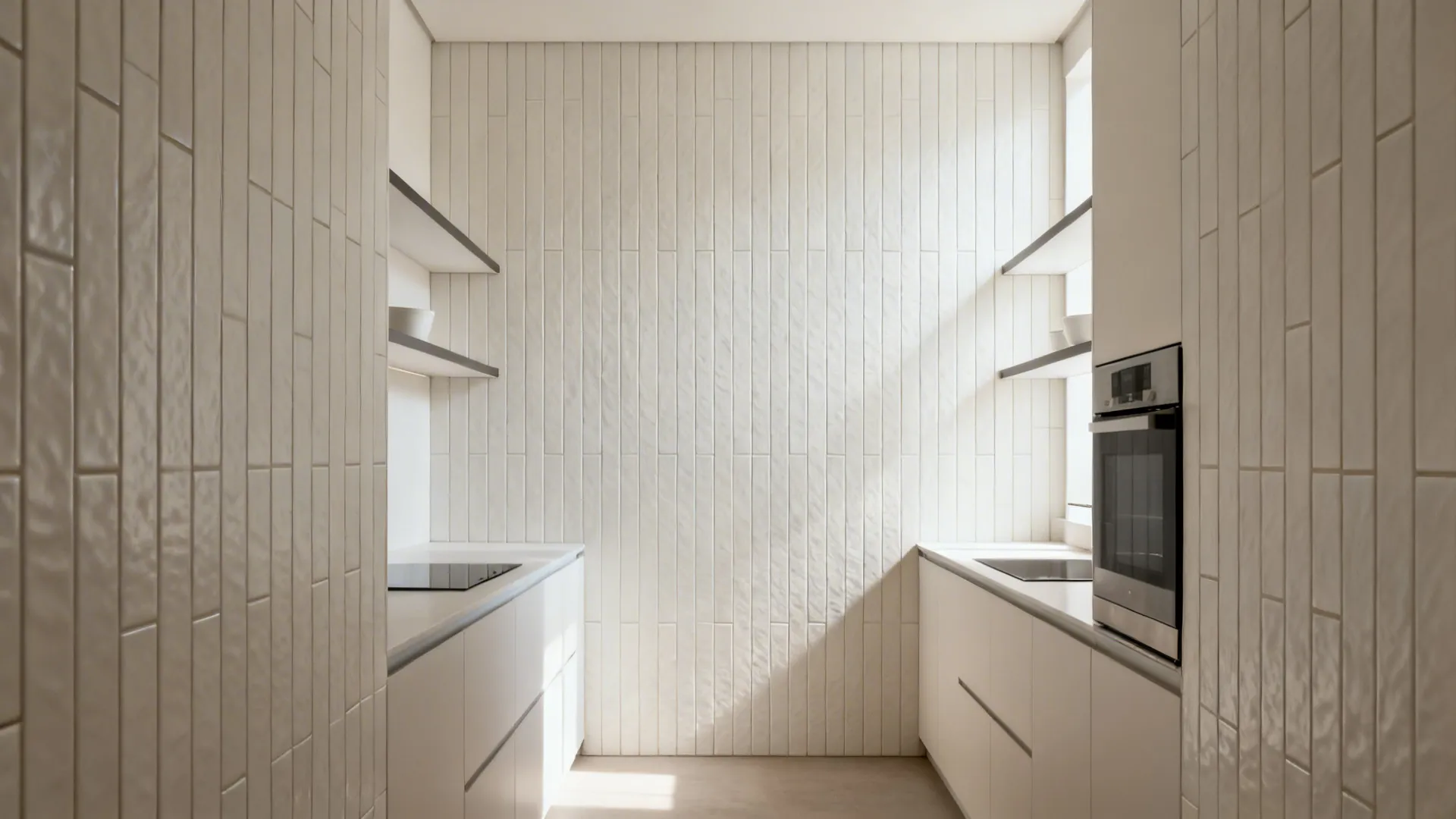 Narrow white kitchen with vertical wall tiles and modern oven with shelves and bright light