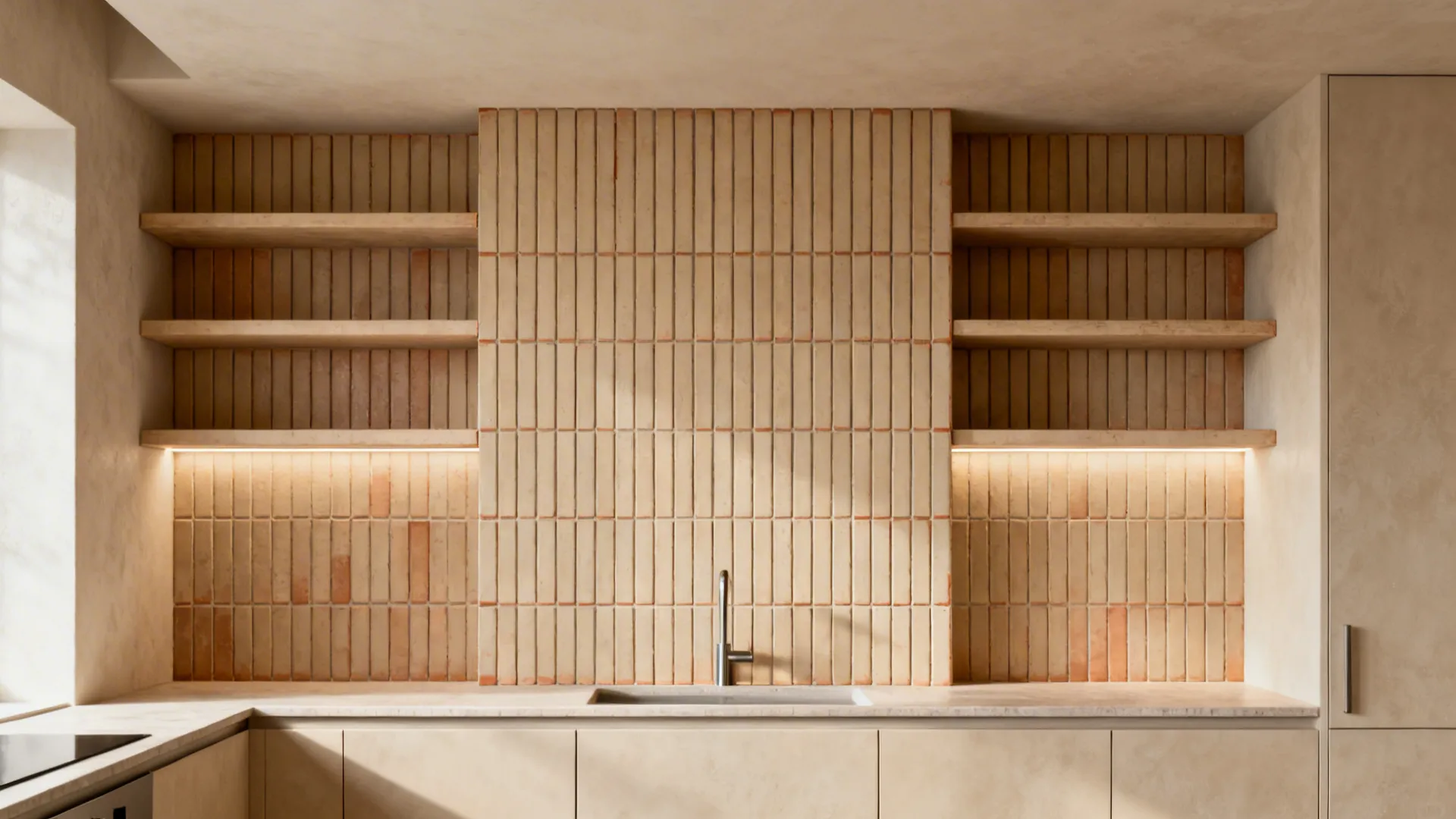 Vertical stacked matte tiles create a tall grid behind open shelves in a small kitchen.