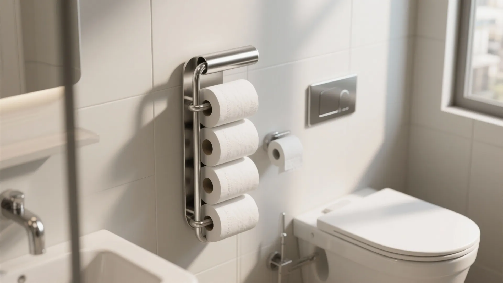 Silver metal wall mount toilet paper holder storing four rolls in a modern bright bathroom