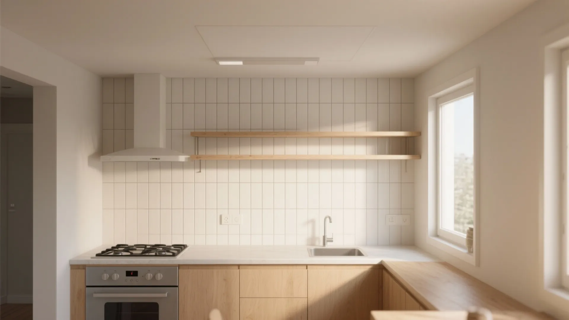 Modern kitchen with white vertical wall tiles wooden cabinets open shelving sink oven and bright windows