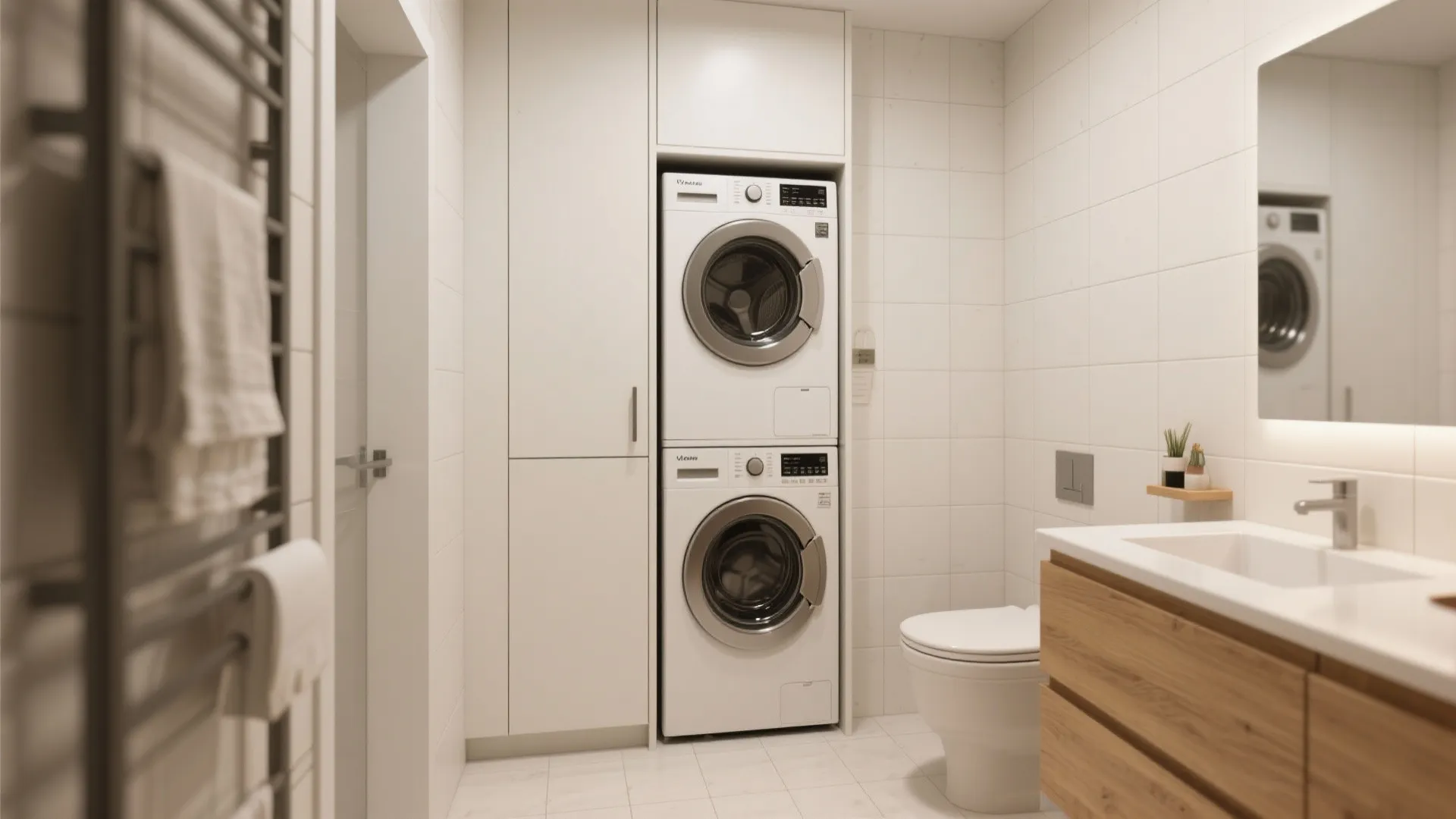 Modern white bathroom featuring vertically stacked washer and dryer next to a toilet and sink