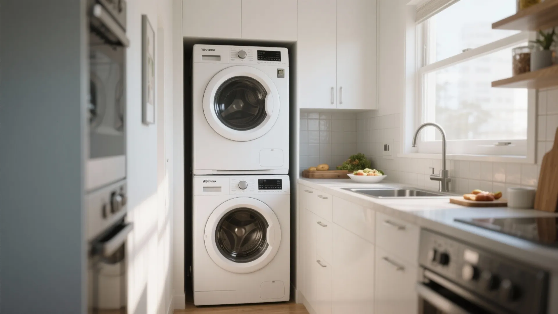 Stacked white washing machine and dryer in a narrow kitchen space next to white cabinets