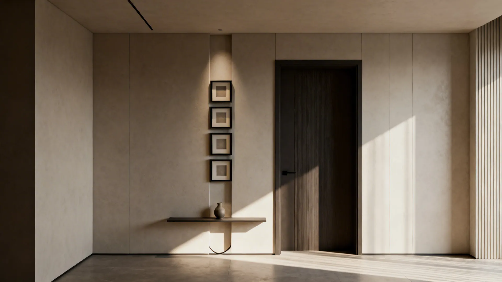 Narrow vertical stack of tall frames beside a doorway with a slim shelf