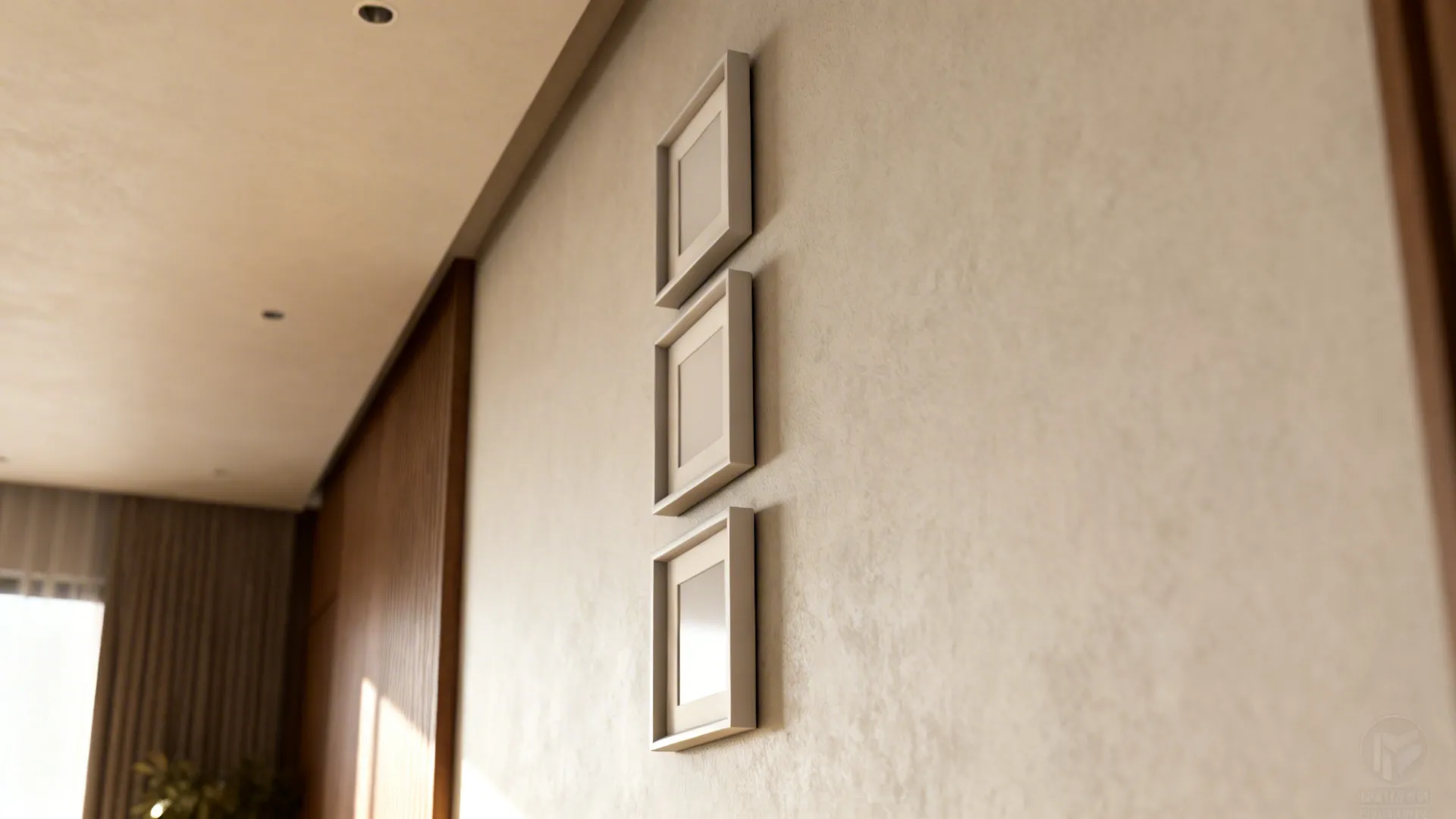 Vertical column of three frames on a narrow wall making the ceiling feel taller.