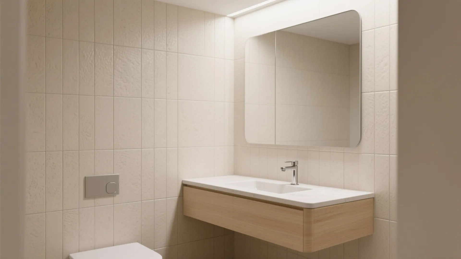 Modern bathroom with cream vertical wall tiles wooden floating cabinet white sink and large mirror