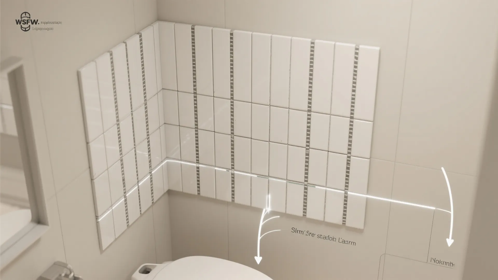 Top-down visualization of vertical subway tile stacking plan with grout layout for a compact wall.