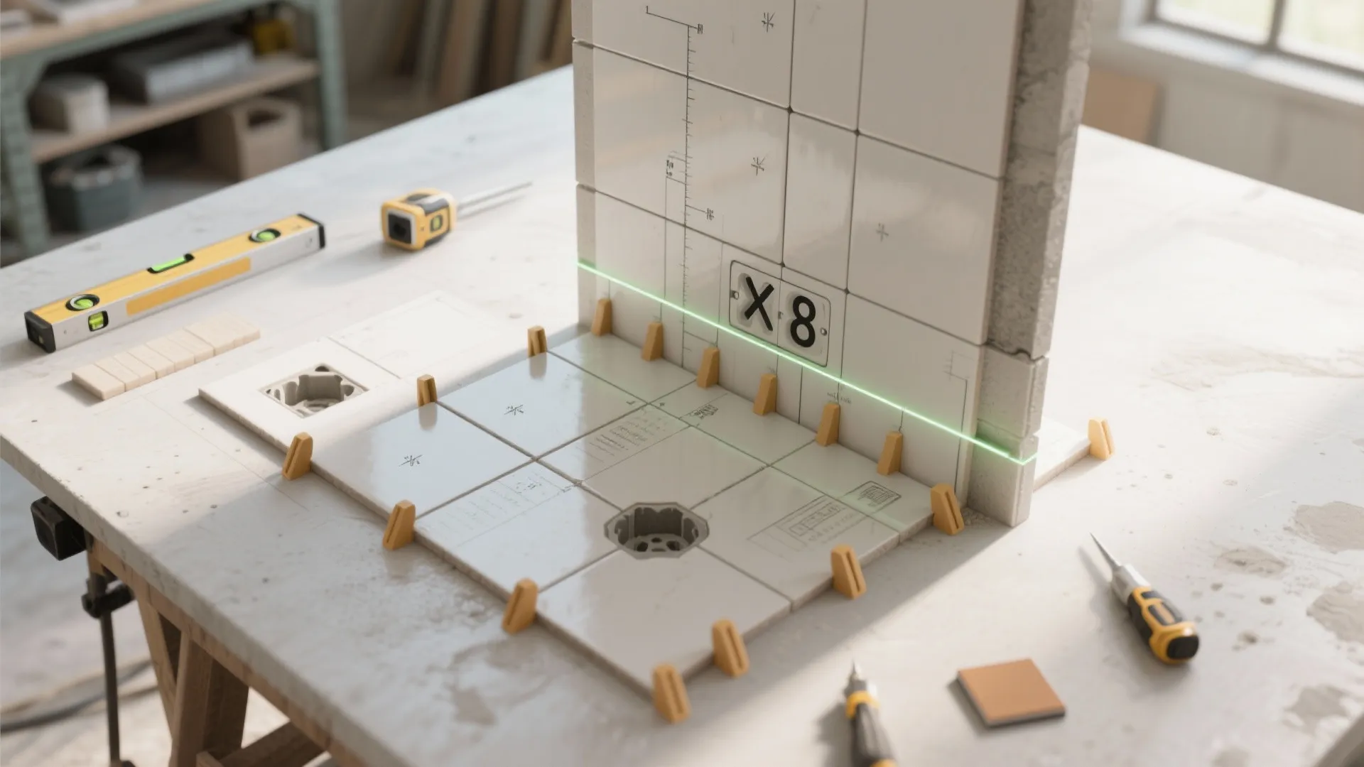Work table showing white tile installation process with laser level tools spacers and interior design drawing