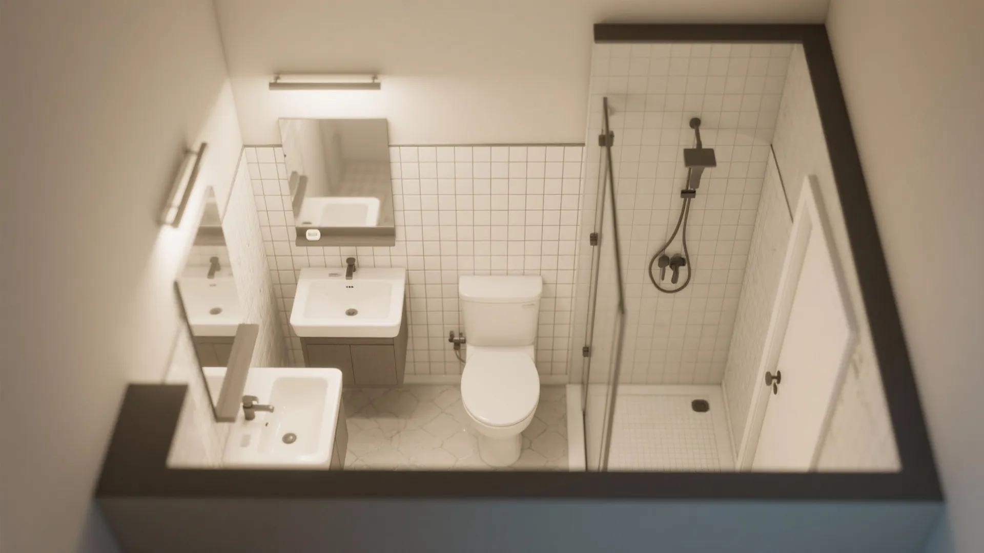 Top view interior design drawing of small white bathroom with sink toilet and walk-in shower