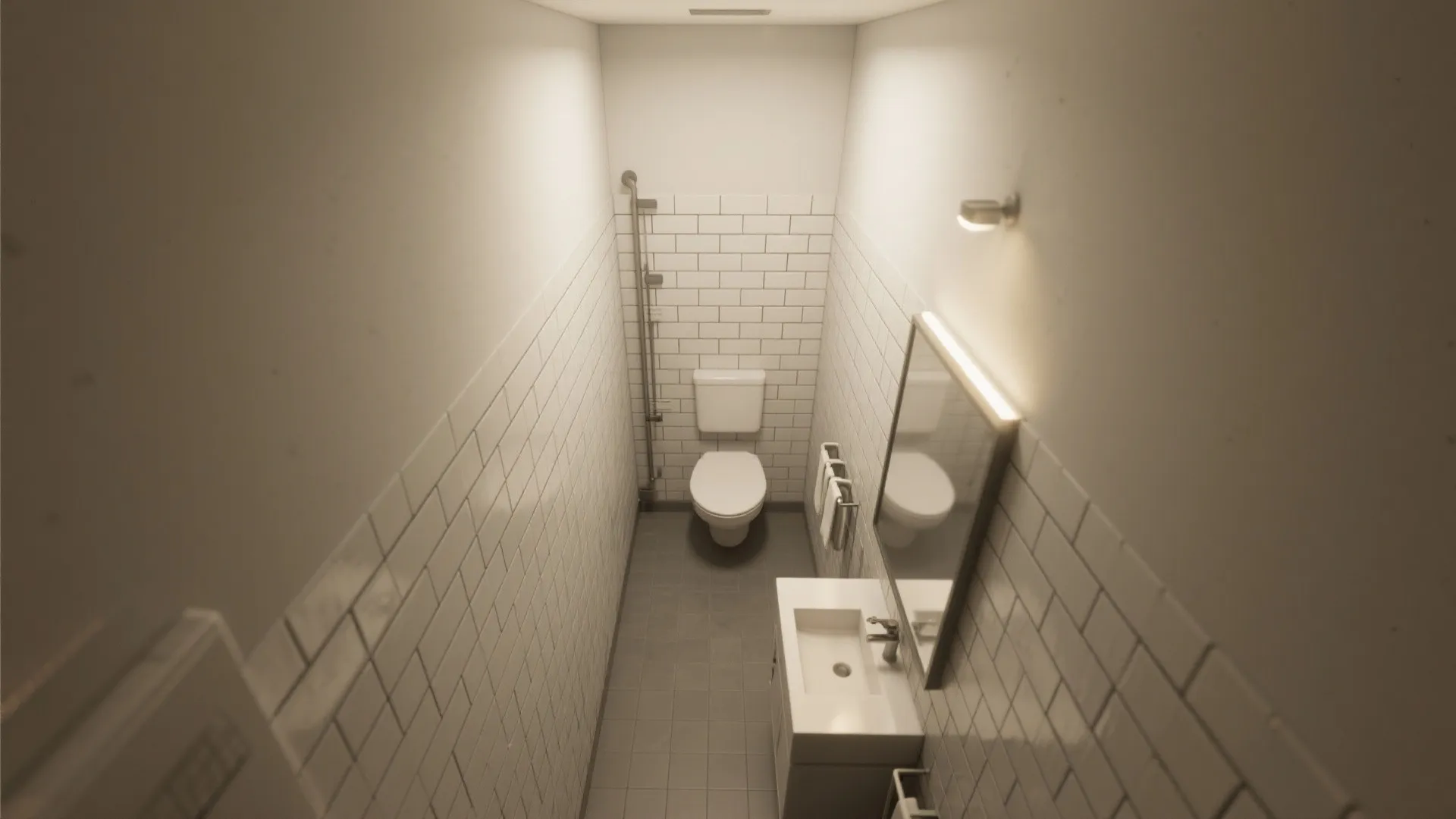 Top-down view illustrating vertical subway tile layout with tight grout spacing.