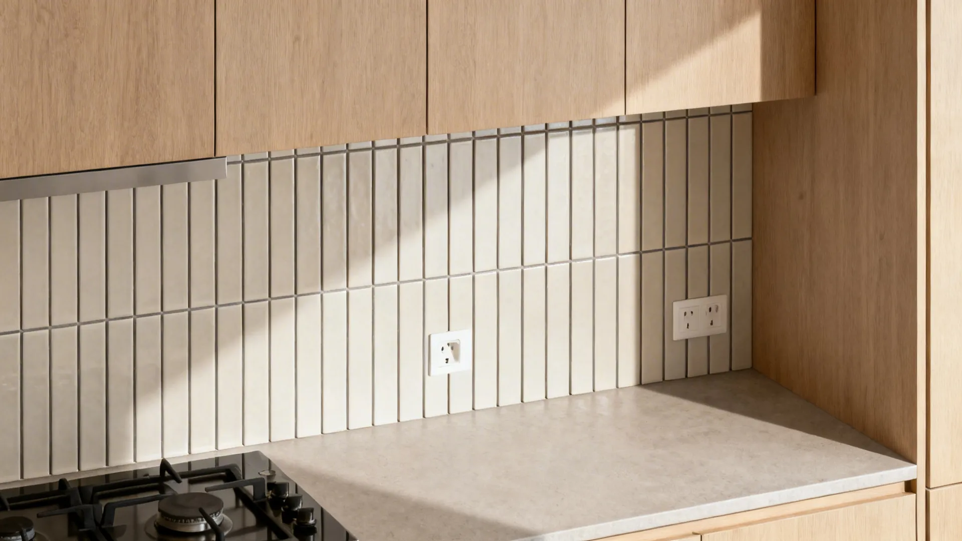 Top-down plan view showing vertical stacked tile grid aligned from the counter and around outlets.