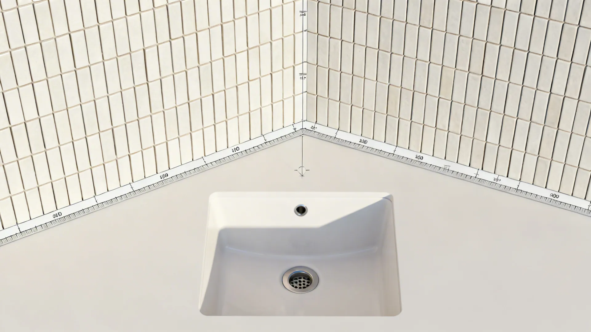 Top-down tile layout plan illustrating vertical subway stacking and trim edges at a sink.