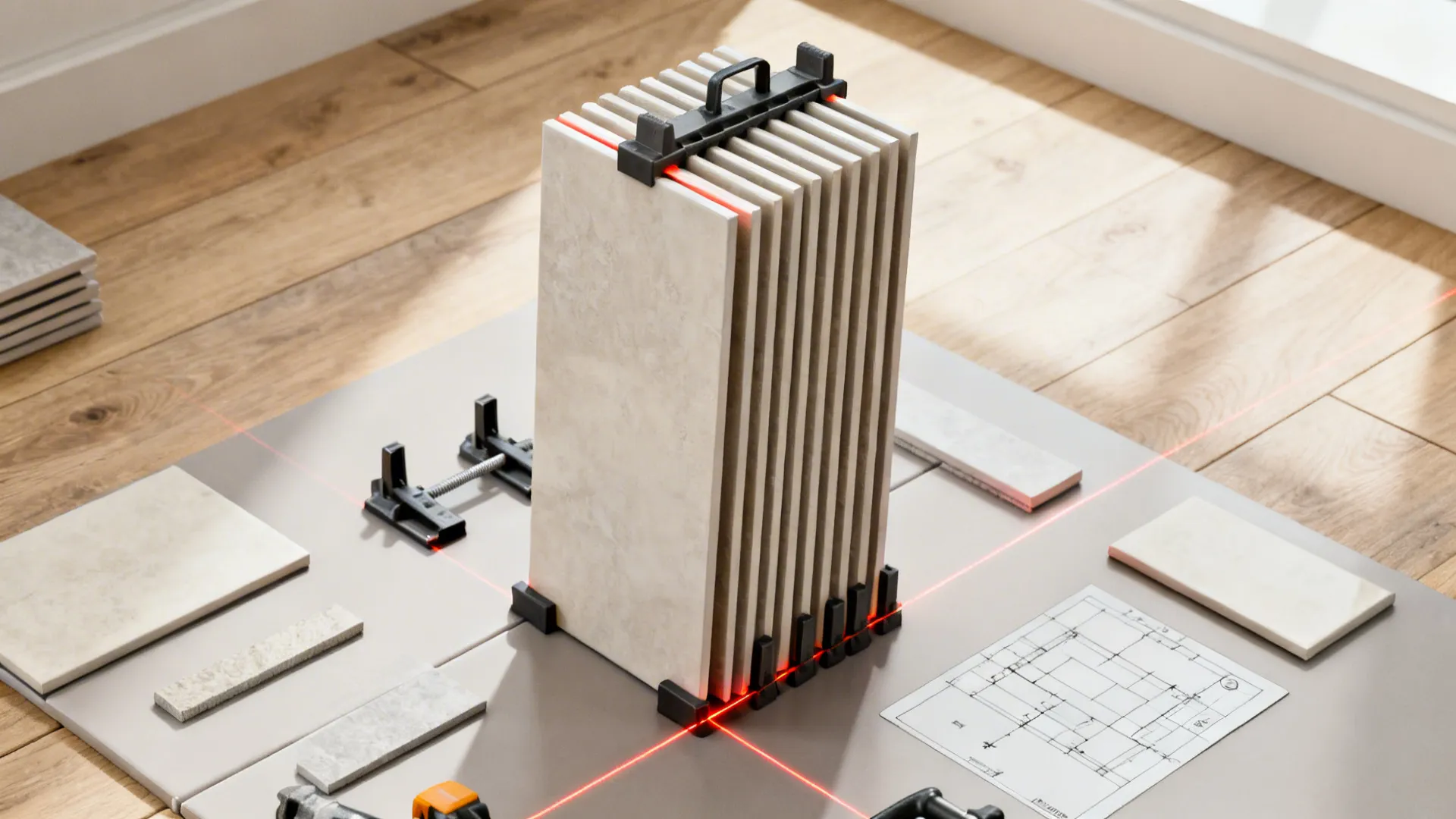 Top-down view of tiles, spacers, leveling clips, and laser guides for vertical stacking.