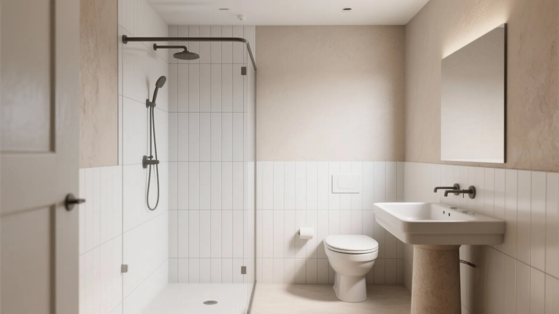 Minimalist bathroom featuring vertical white tiles glass shower door pedestal sink and square wall mirror