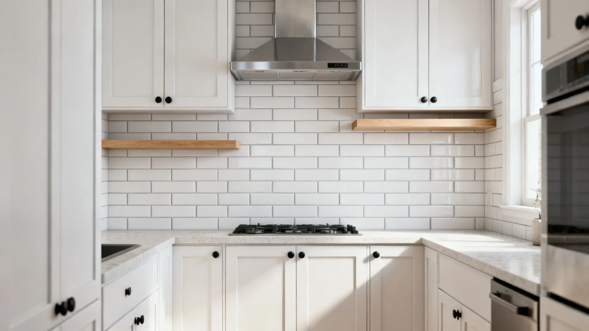 Vertical stacked white 2x8 subway tile backsplash lifting a small galley kitchen.