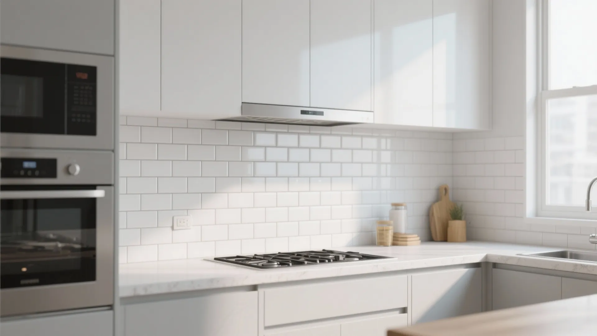Minimalist white kitchen featuring subway tile backsplash marble countertop gas stove and built in oven