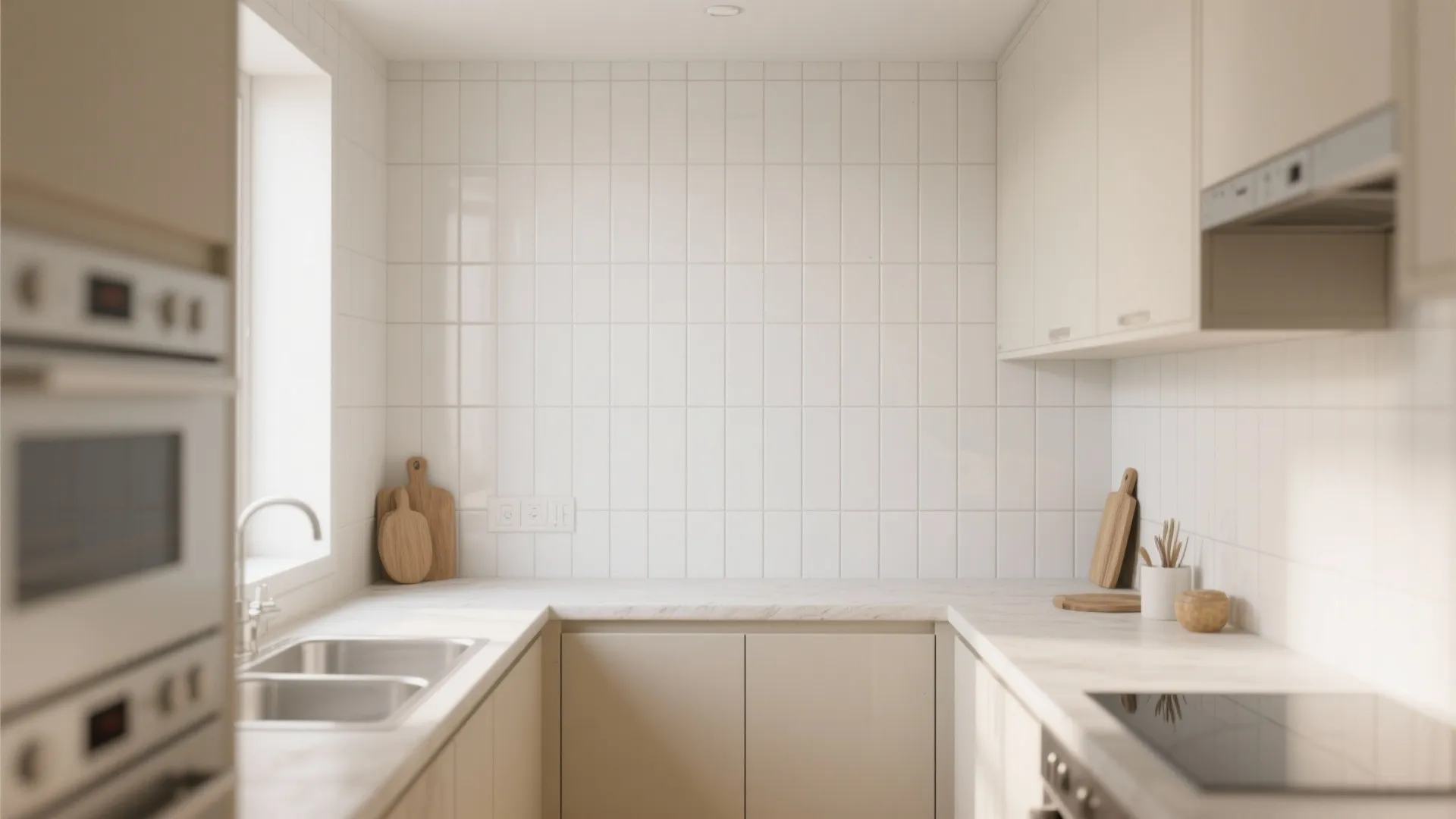 Small kitchen with vertical stacked tile backsplash