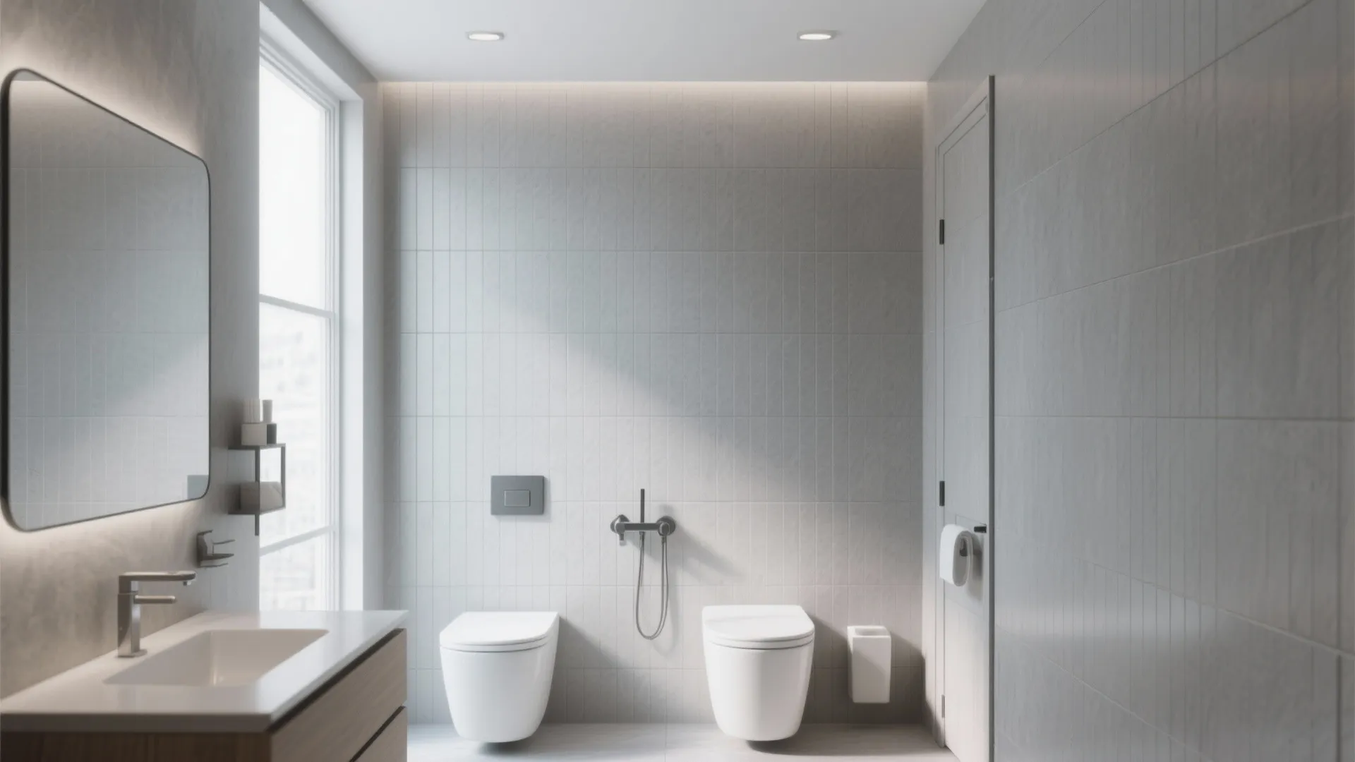 Minimalist grey bathroom with vertical wall tiles white double toilets wooden cabinet and a large mirror