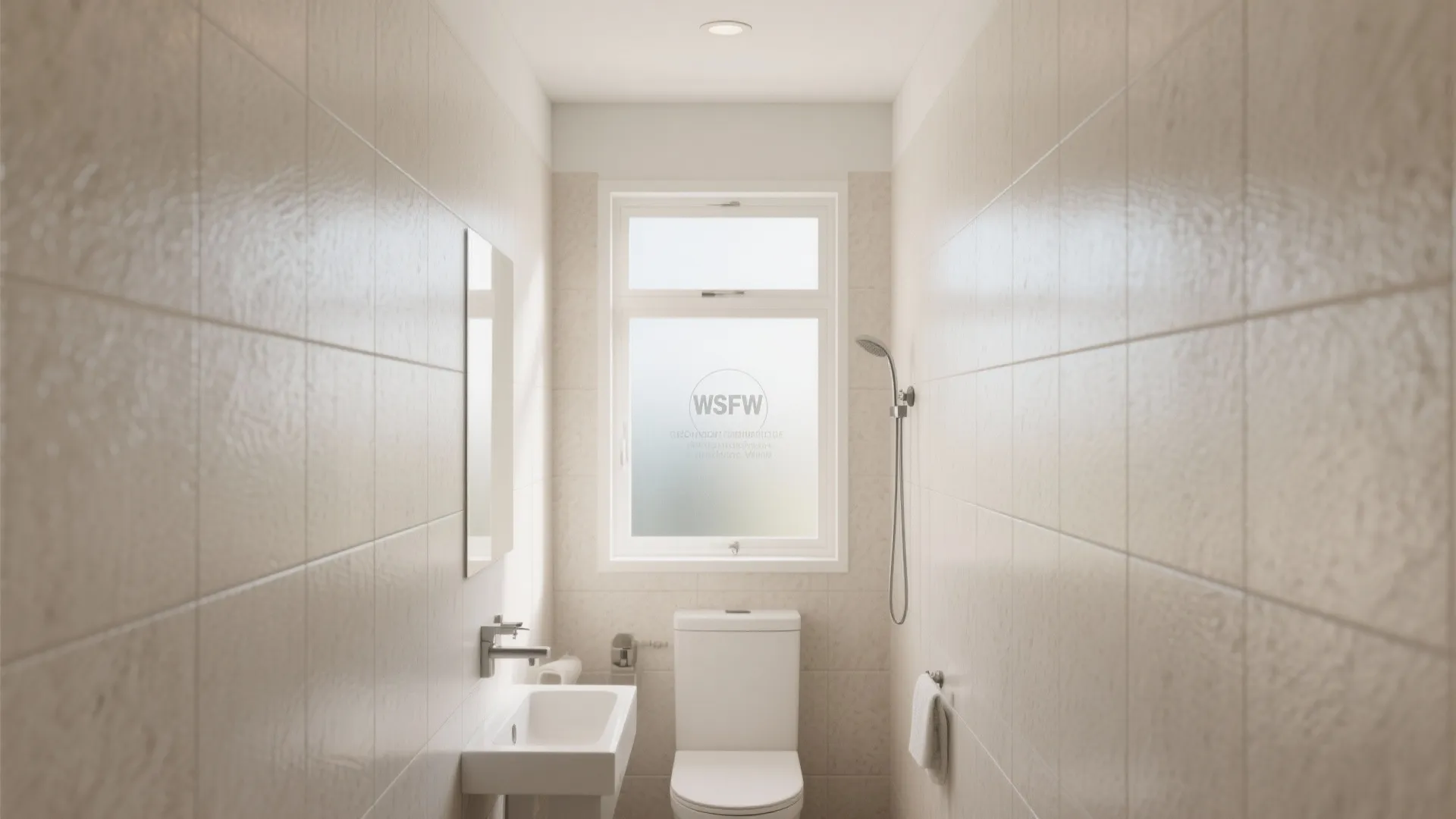 Small modern bathroom with cream wall tiles toilet white sink mirror shower and large window
