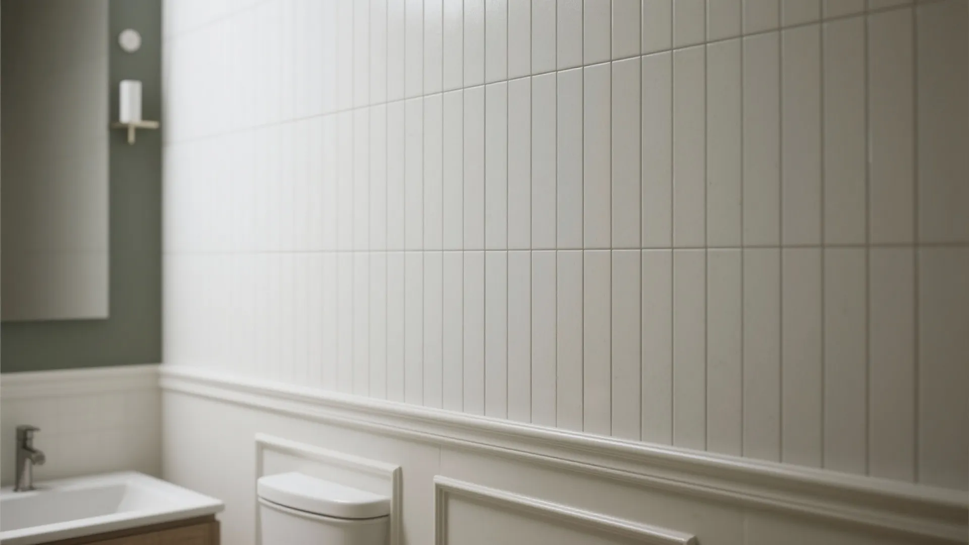 Bathroom walls with 3x12 vertical stack tiles, light grout, and neat trim to create height.