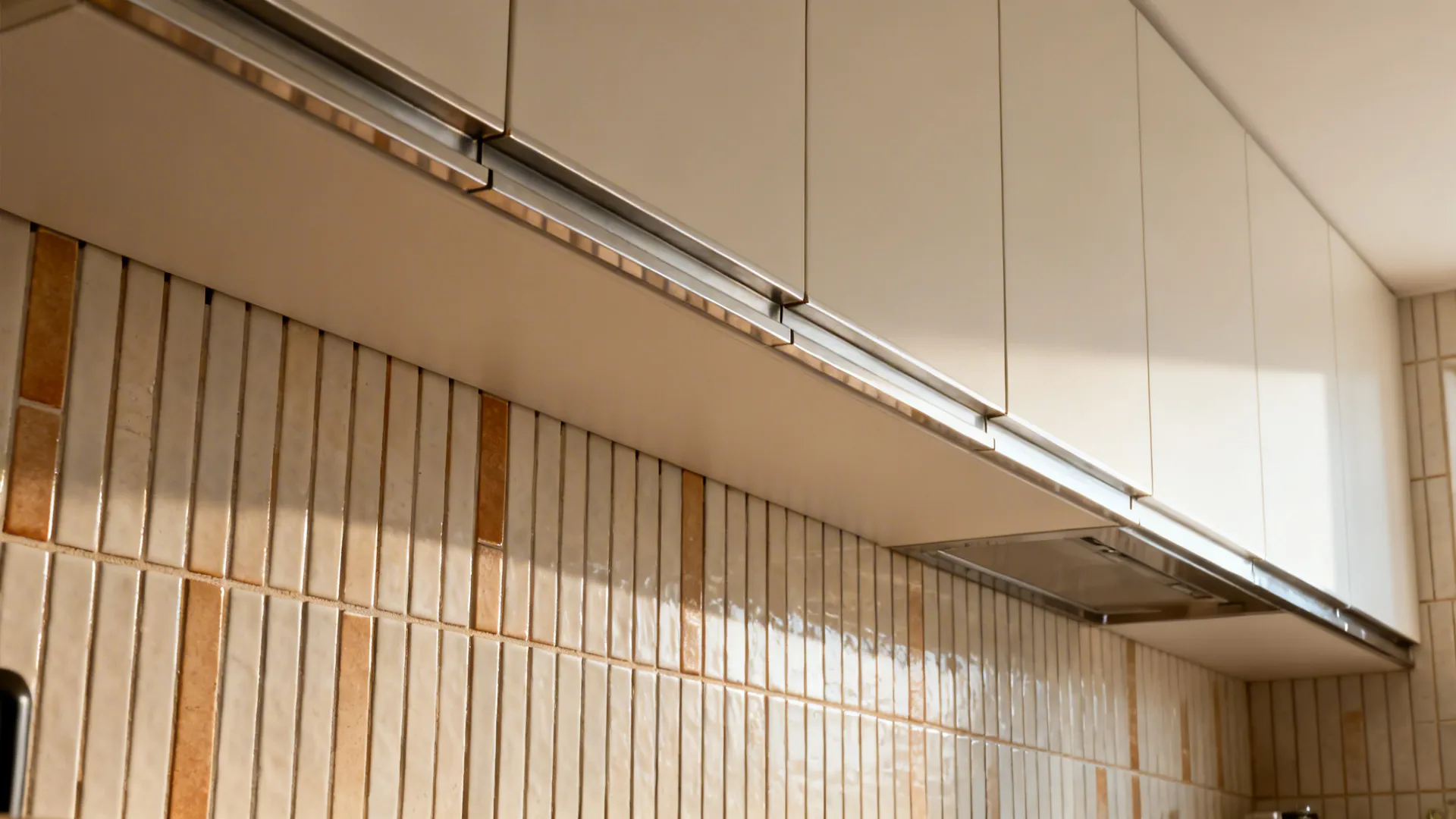 Vertically stacked slim tiles in a compact kitchen to enhance perceived height.