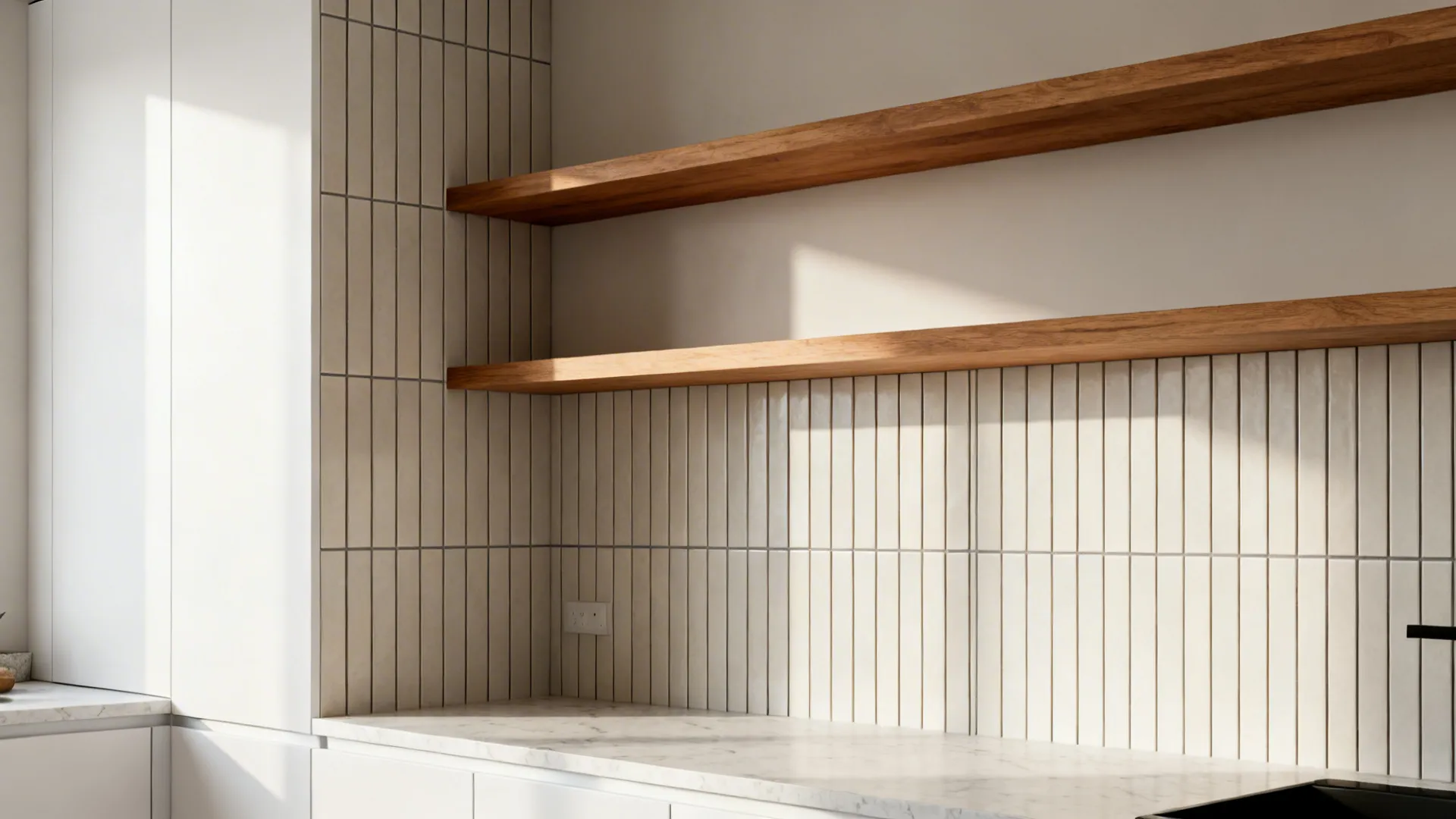 Small kitchen wall with vertically stacked slim tiles rising behind oak shelves to visually heighten the space.