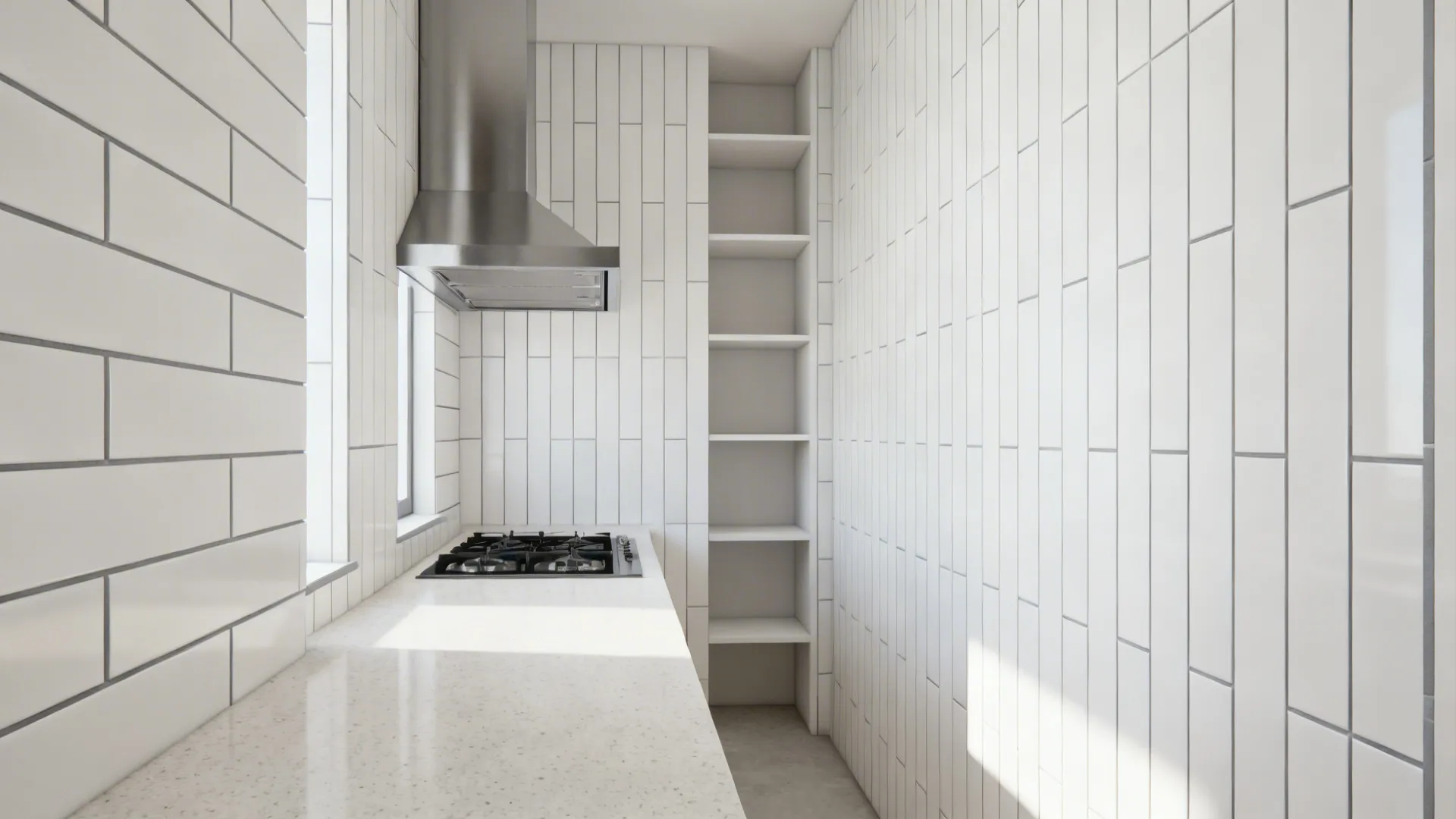 Vertical stacked 2x10 white subway tiles reach the ceiling, visually heightening a small galley kitchen.