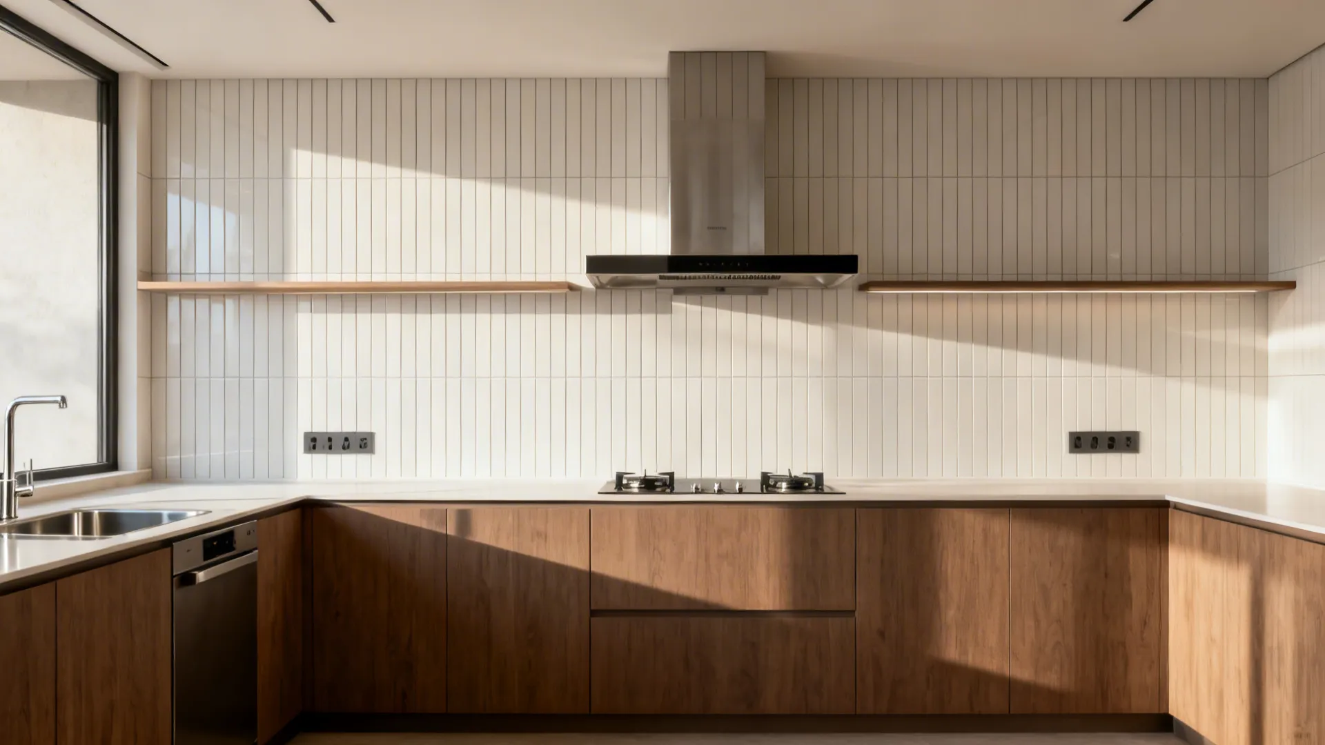 Modern kitchen with vertical white wall tiles wooden cabinets stove and window with bright light