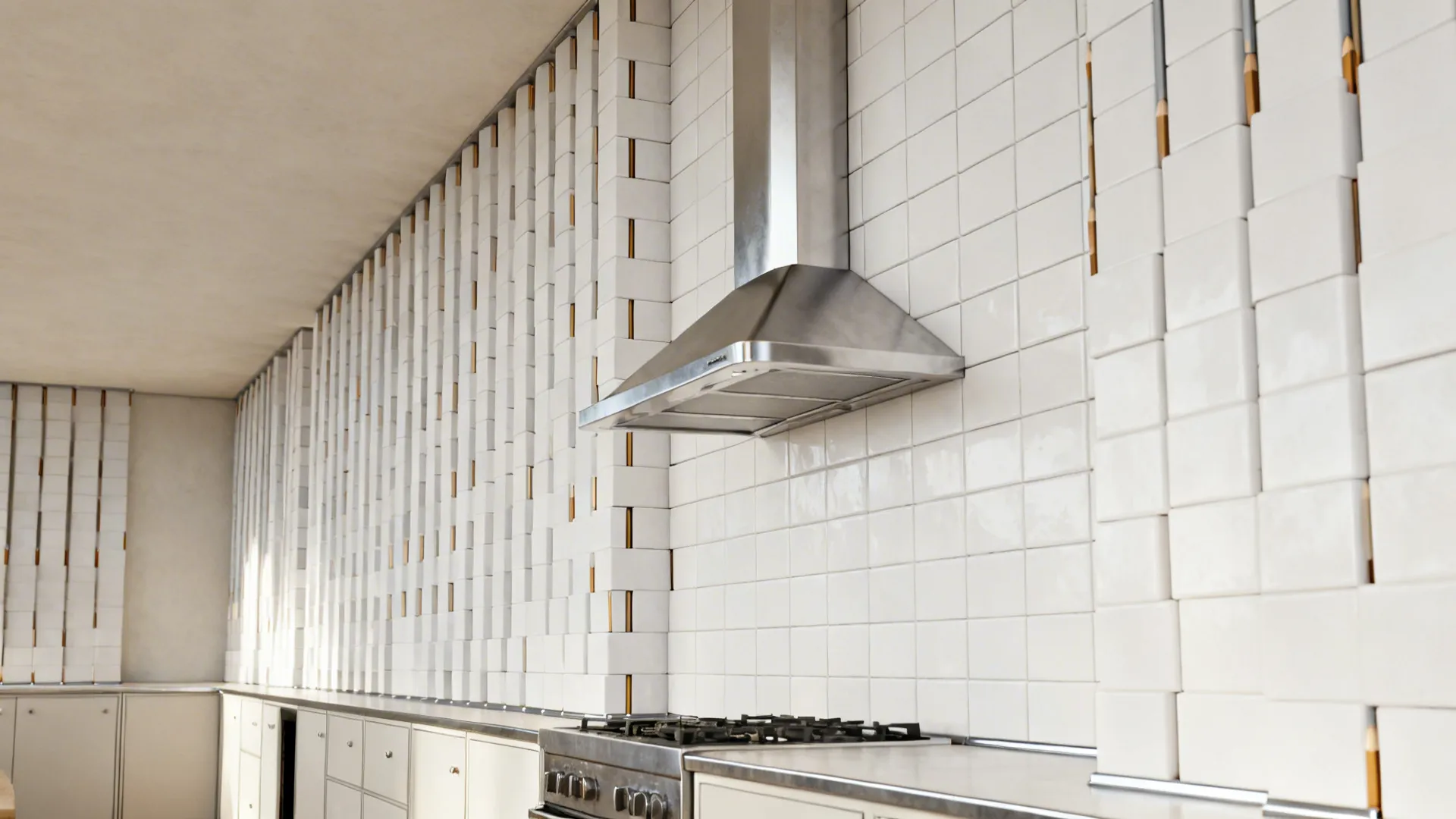 Vertical stack 2x8 tile wall to the ceiling with pencil trim and metal edge profiles in a studio kitchen.