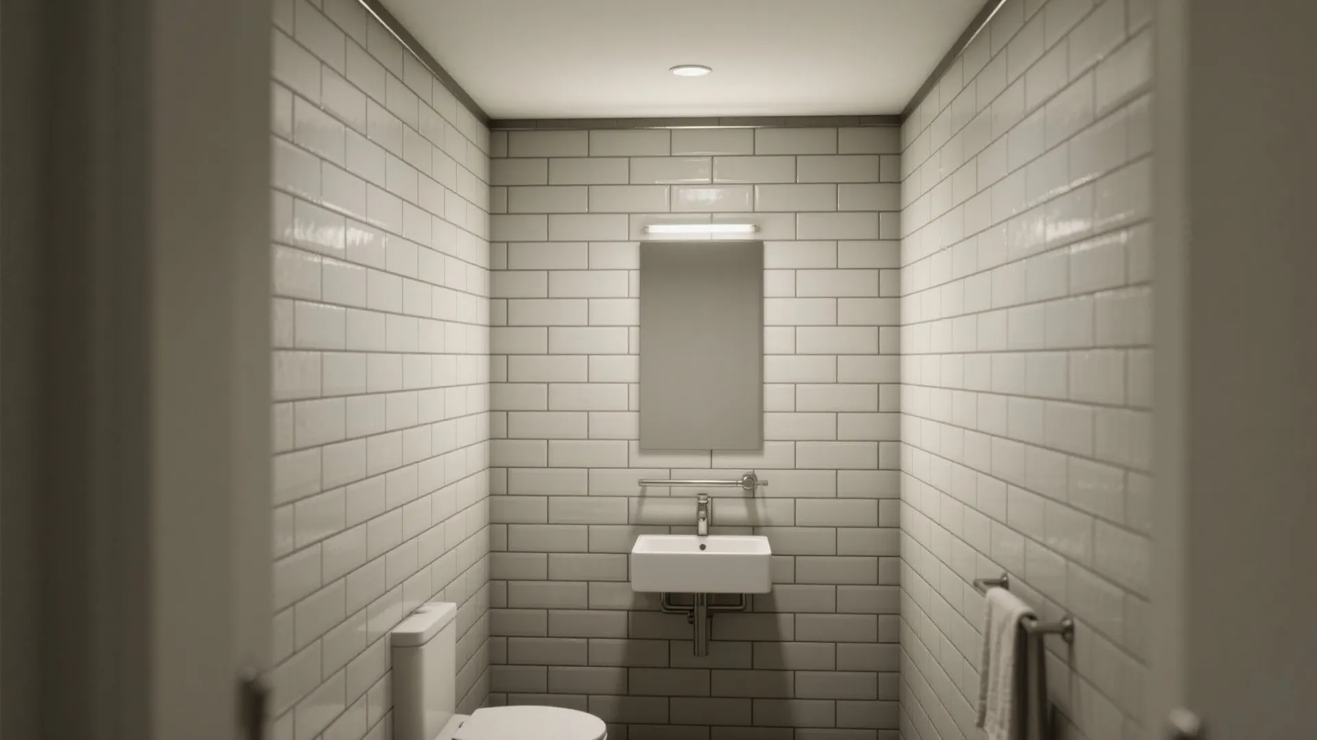 Vertical stacked matte subway tiles create a tall gallery-like wall behind the vanity in a small bathroom.