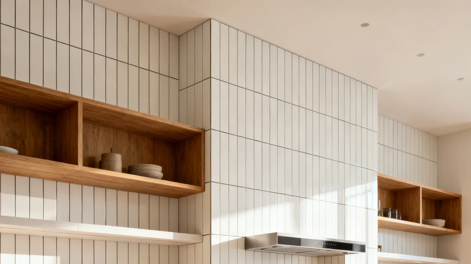 Tall backsplash of slim vertical tiles rising to the ceiling behind open shelves.
