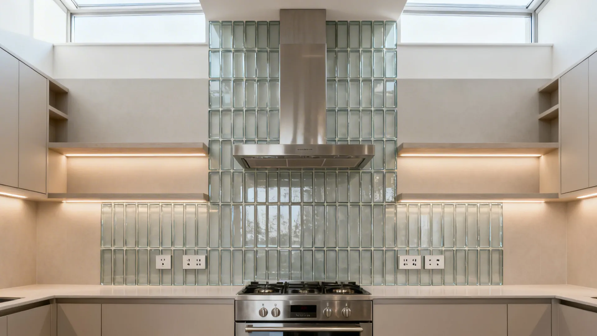 Small kitchen with vertically stacked glass subway tiles extending to the ceiling behind a range hood.