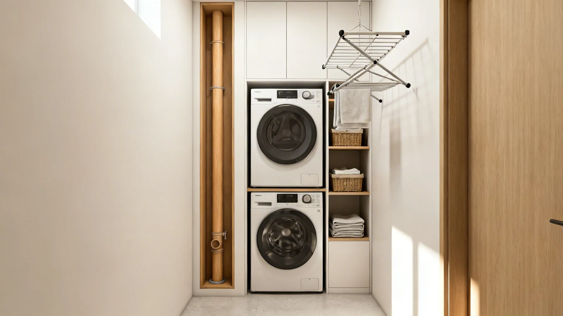 Narrow laundry alcove with stacked washer and dryer and a vertical plumbing chase with narrow shelving.