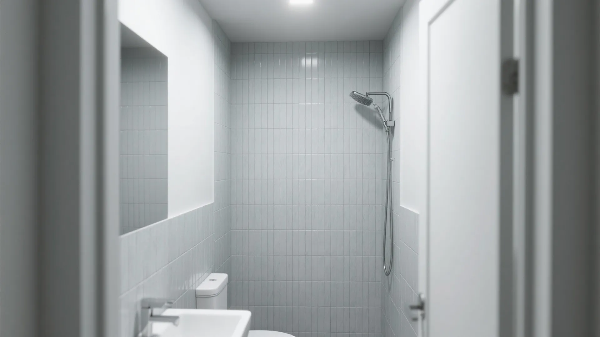 Vertical stacked 6x24 tiles making a small bathroom appear taller