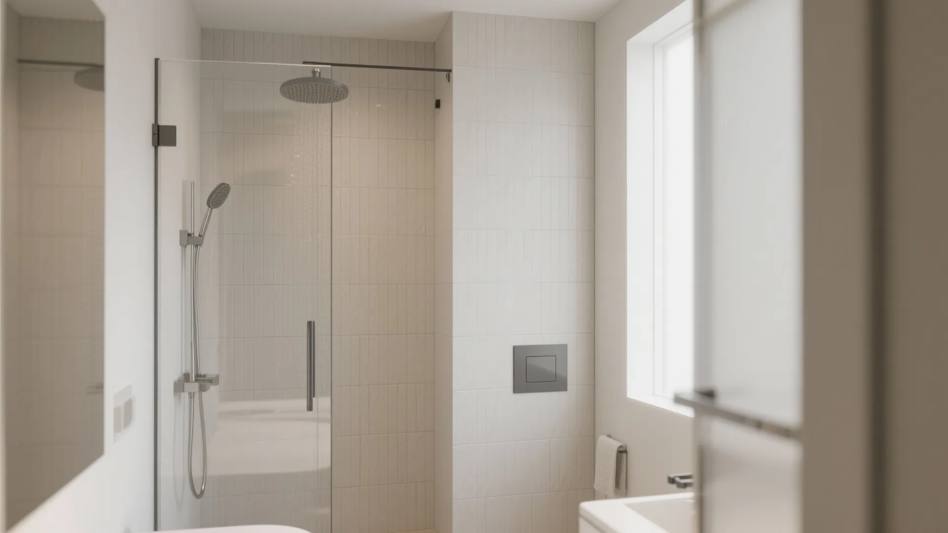 Modern minimal bathroom featuring white vertical wall tiles glass shower door and silver shower head set
