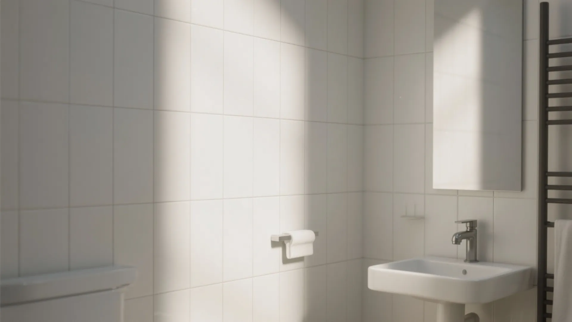 Minimalist white bathroom featuring vertical wall tiles with sink and mirror in soft natural sunlight