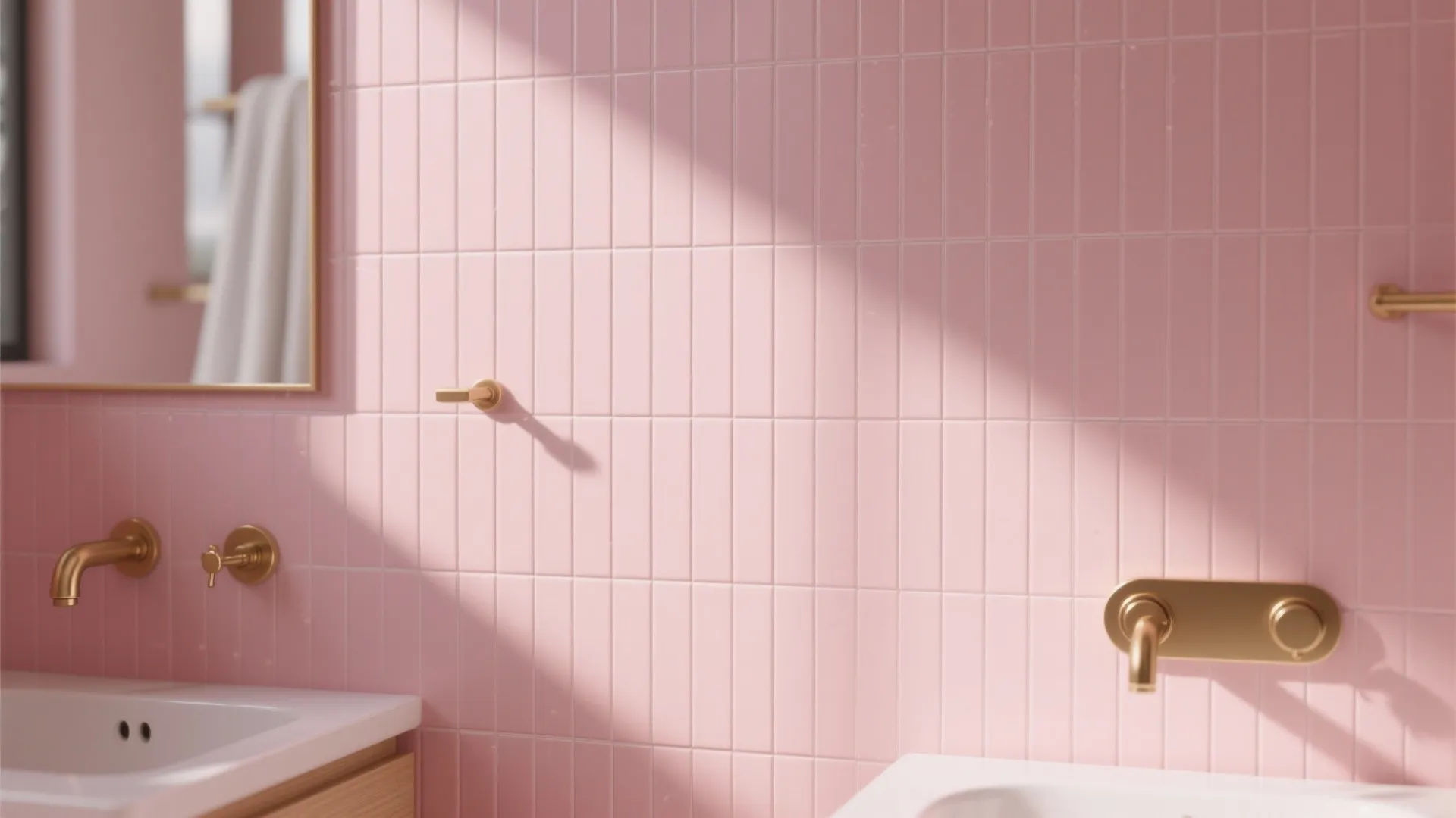 Pink bathroom wall featuring vertical tiles gold water tap white sink and light wood cabinet