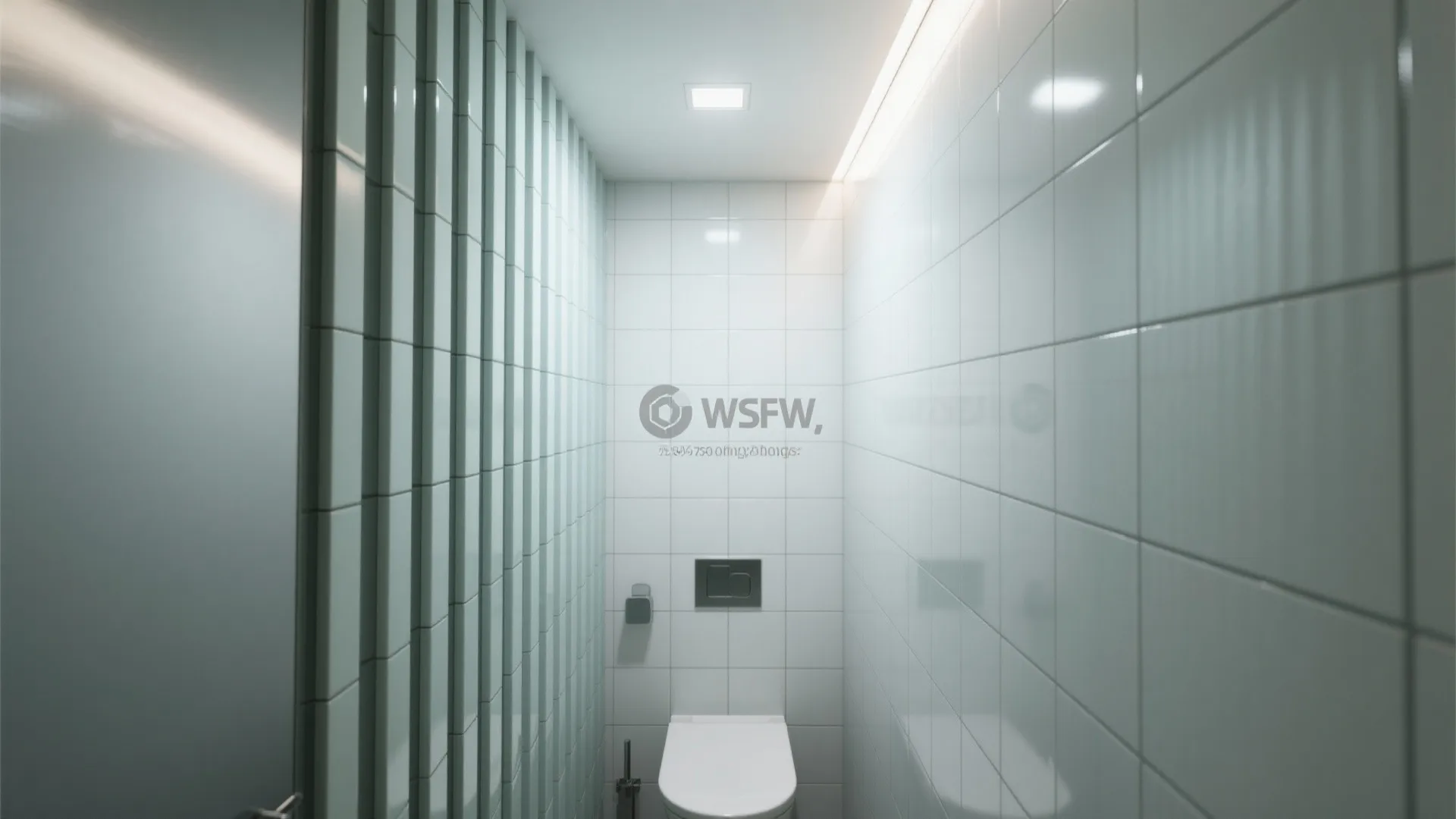 Small white bathroom with vertical stacked tiles wall mounted toilet and bright ceiling light fixture