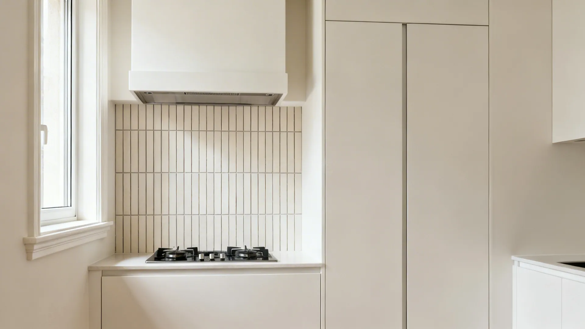 Vertical stacked slim tiles align with cabinetry to lift the eye.