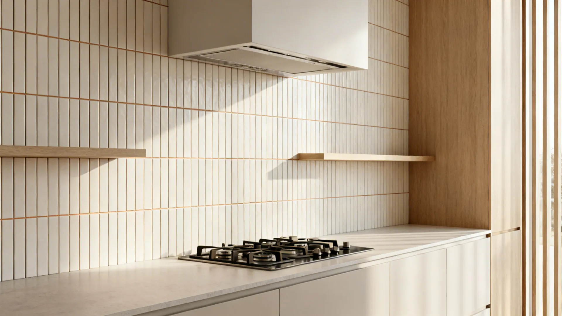Vertical stacked 2x8 tiles in a straight grid creating height in a small kitchen.
