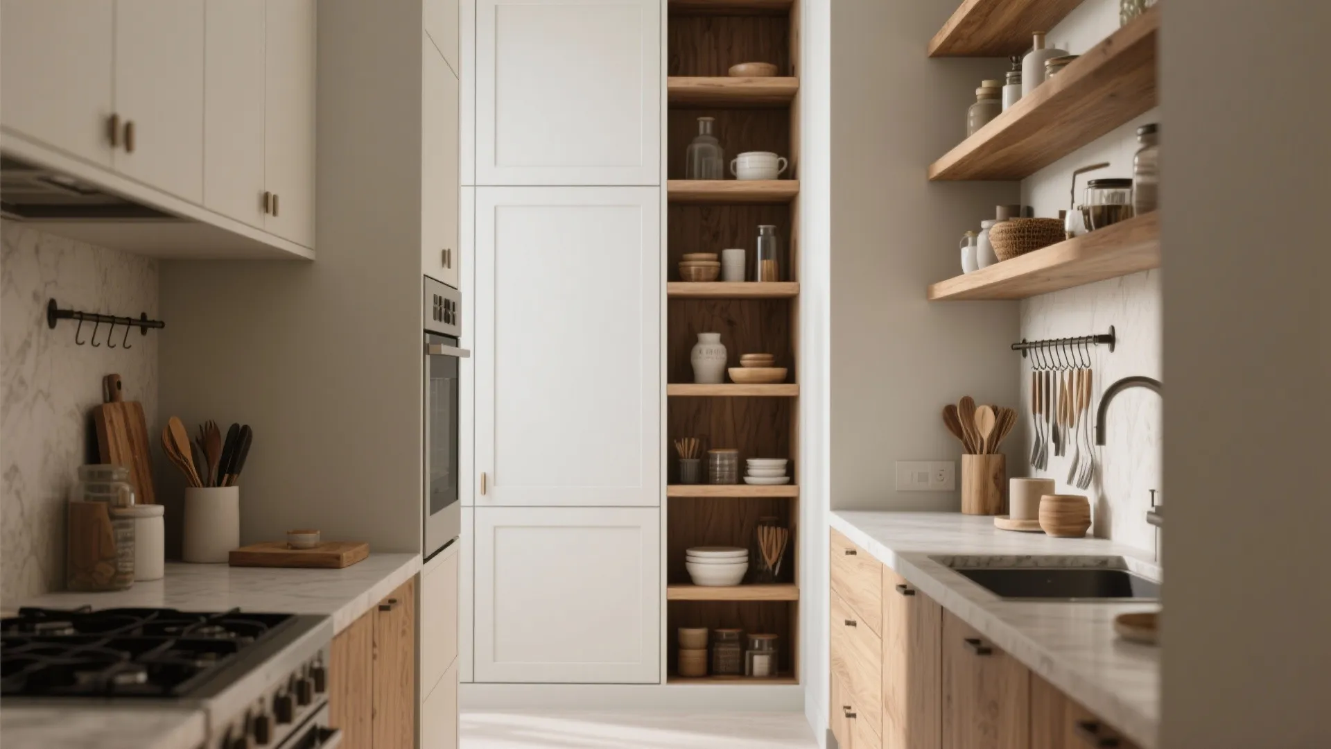 White kitchen design featuring tall cabinets open wooden shelves marble countertops and a built-in oven