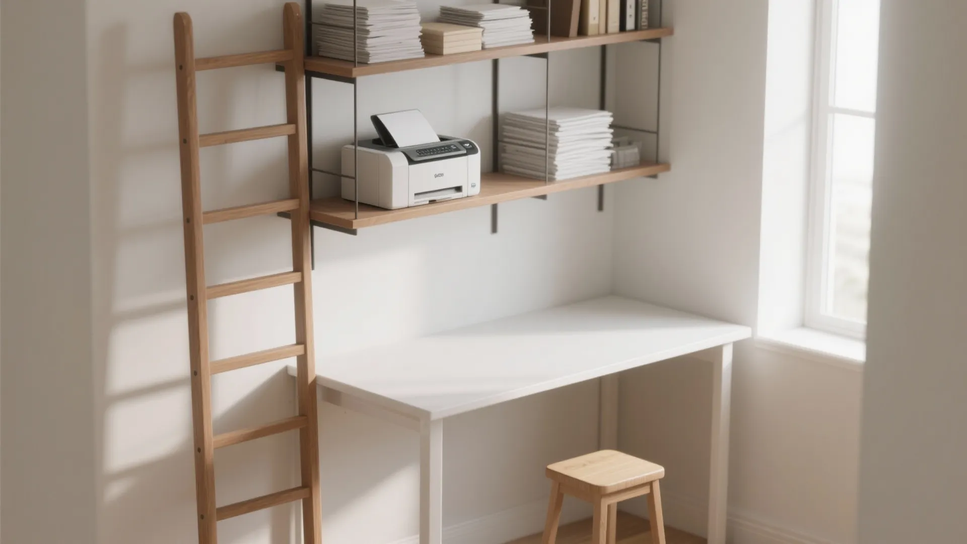 Desk with vertical stacking and open shelving above, printer on an elevated shelf and a step stool nearby.