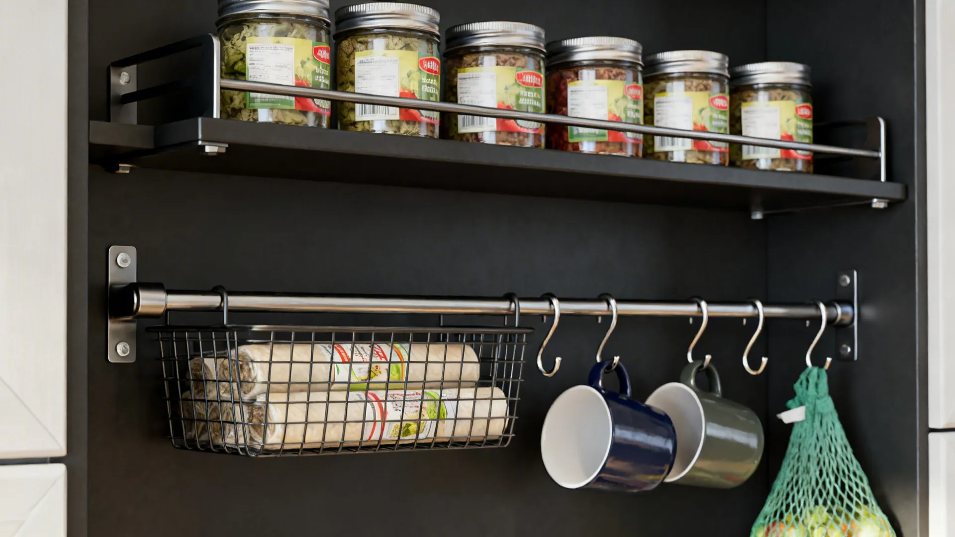 Kitchen wall storage showing glass jars on shelf and mugs hanging from silver metal rail