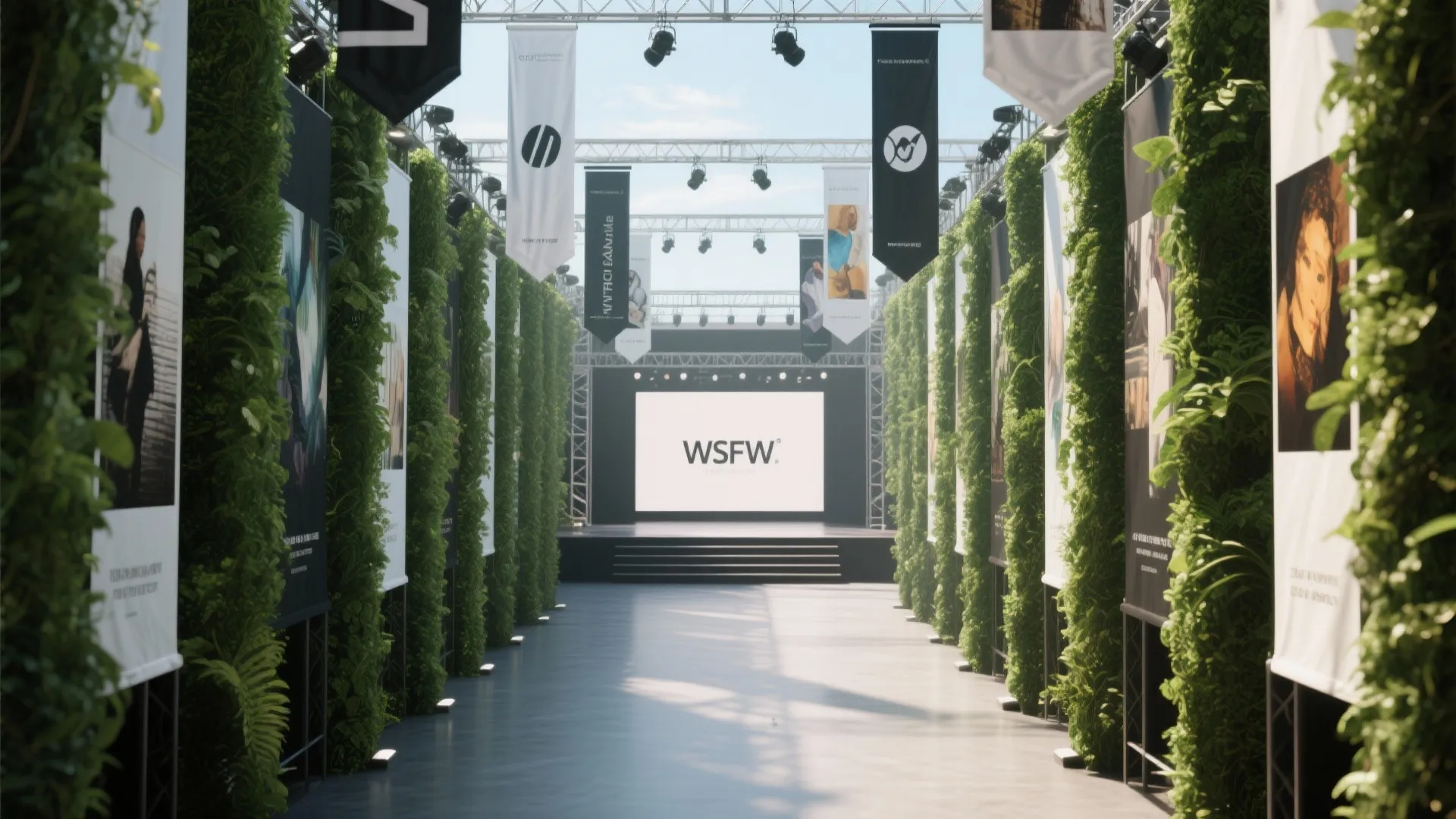 Outdoor event runway with green wall panels hanging banners and a white screen on stage