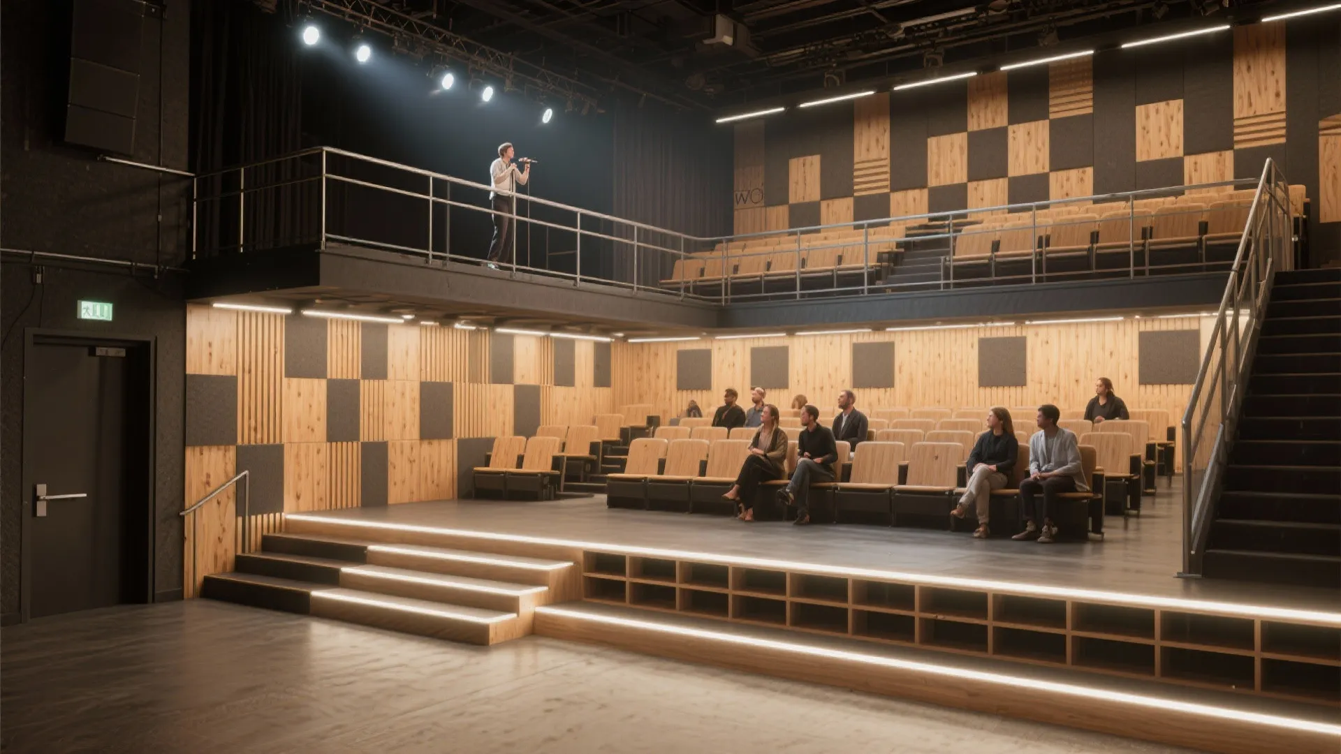 Modern room layout with wood wall panels and seating levels featuring a singer on the balcony