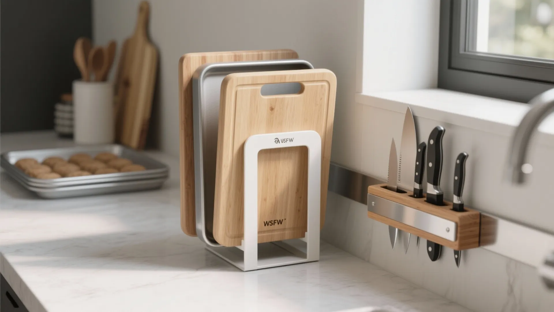 5. Slim vertical stands and knife/board docks — use height, not width