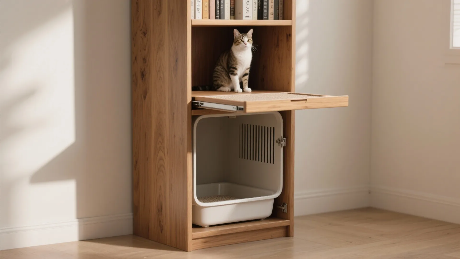 Wooden bookshelf with a cat sitting on a pull-out tray above a white litter box